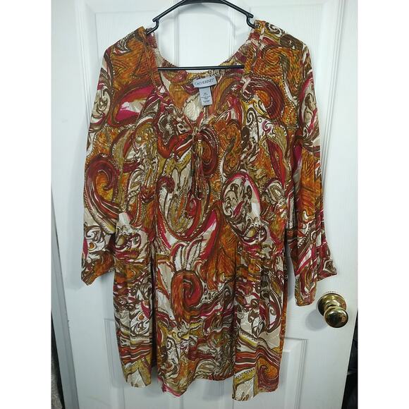 Catherines Woman 2X Semi Sheer Blouse V Tassel Neck 3/4 Sleeve Paisley Tunic Top - Picture 1 of 9